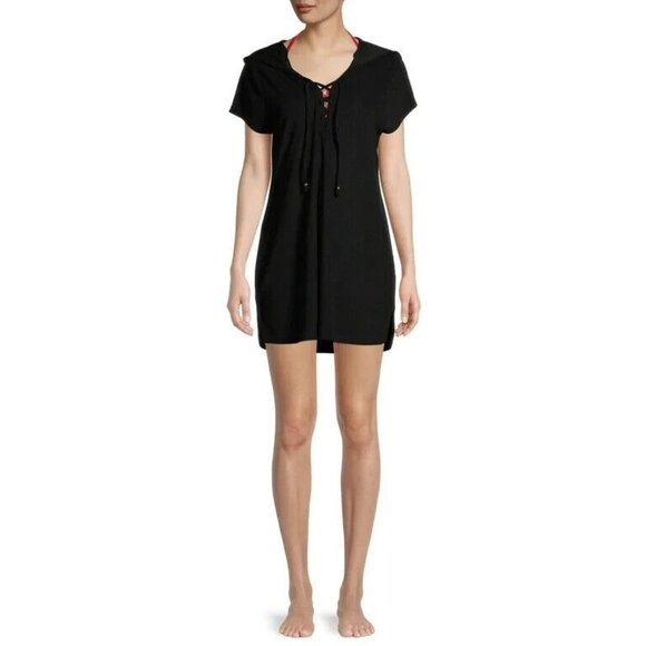 Time and Tru Coverup Dress Black Terry Swim Lace Up Hooded - Picture 1 of 8